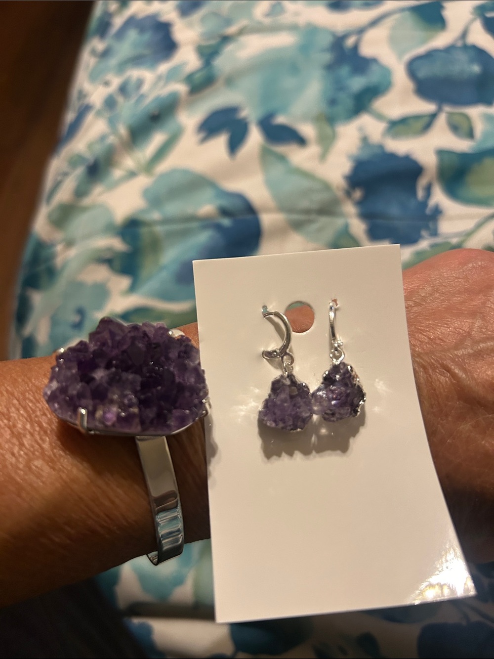 Amethyst Druzy Drop Earrings and Cuff Bracelet Set - Purple